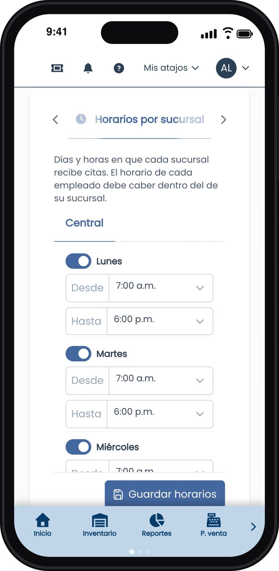 Horarios por sucursal: lunes a sábado de 7:00 a. m. a 6:00 p. m. en la sucursal Central