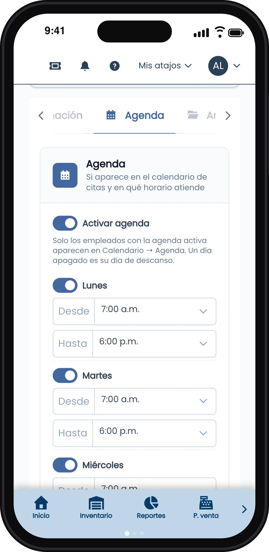 Pestaña Agenda de la empleada Sofía Ramírez con Activar agenda encendido y su horario por día
