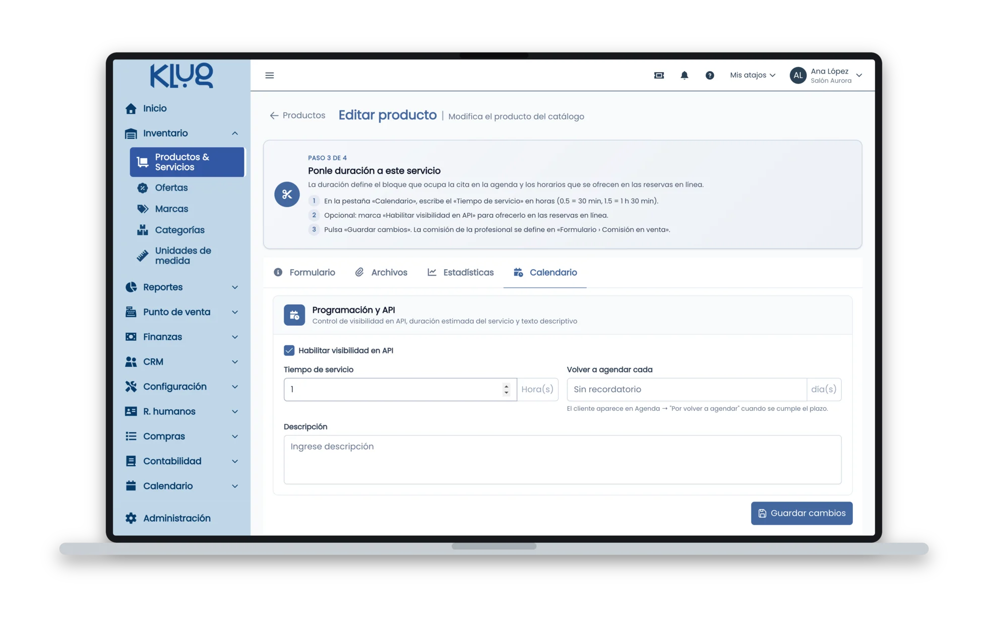 Pestaña Calendario del servicio Corte de cabello con tiempo de servicio de 1 hora y visibilidad en API habilitada