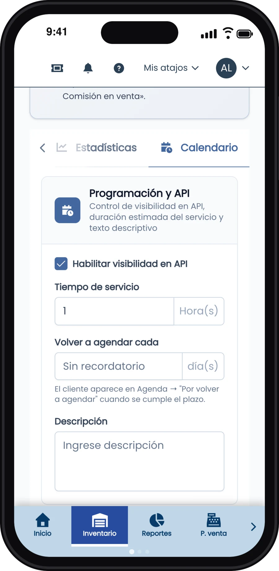 Pestaña Calendario del servicio Corte de cabello con tiempo de servicio de 1 hora y visibilidad en API habilitada