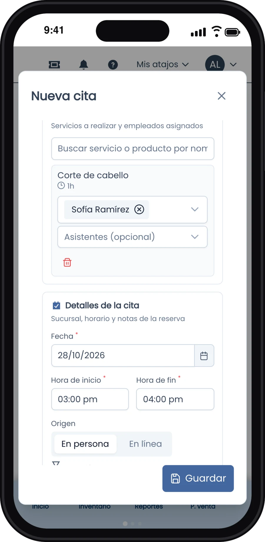 Nueva cita en el celular con el servicio, la profesional y el horario