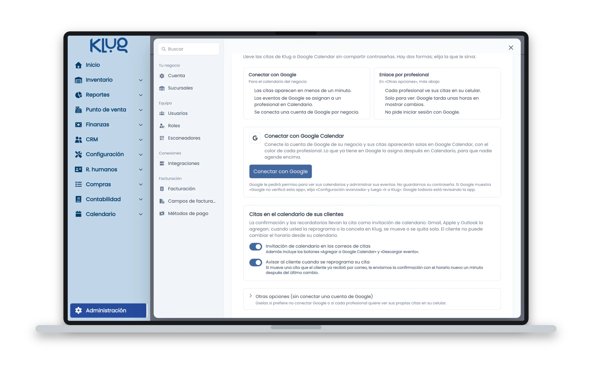 Integraciones, pestaña Google Calendar: las dos formas de llevar las citas a Google y el botón Conectar con Google