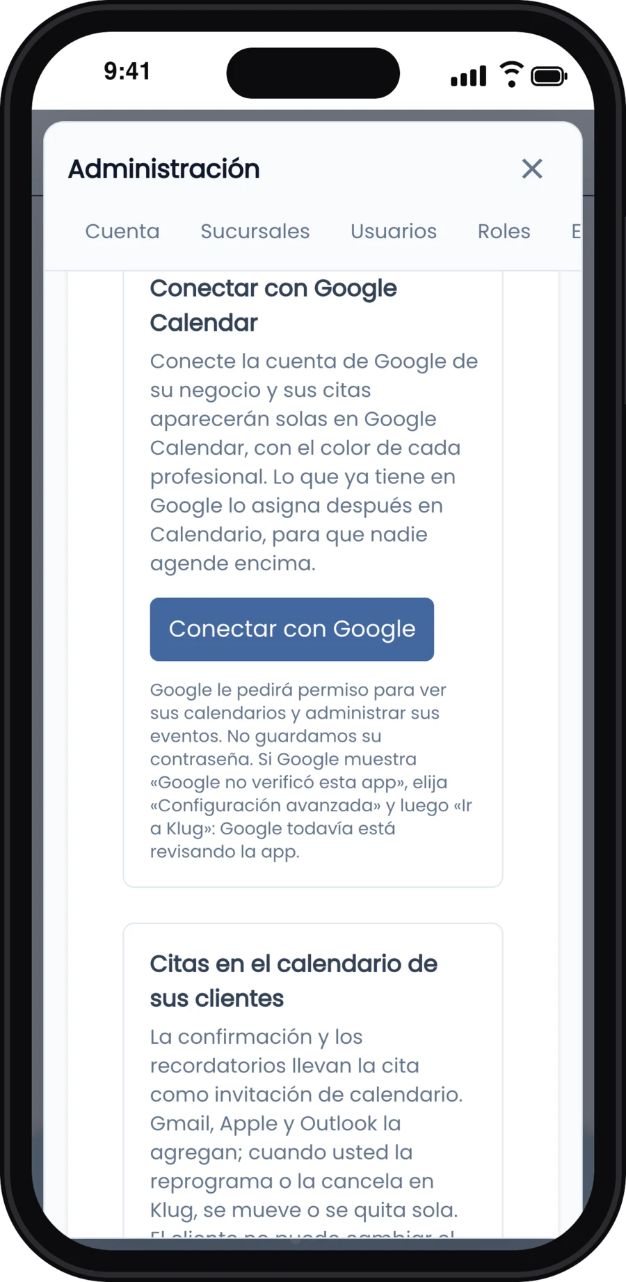 Integraciones, pestaña Google Calendar: las dos formas de llevar las citas a Google y el botón Conectar con Google