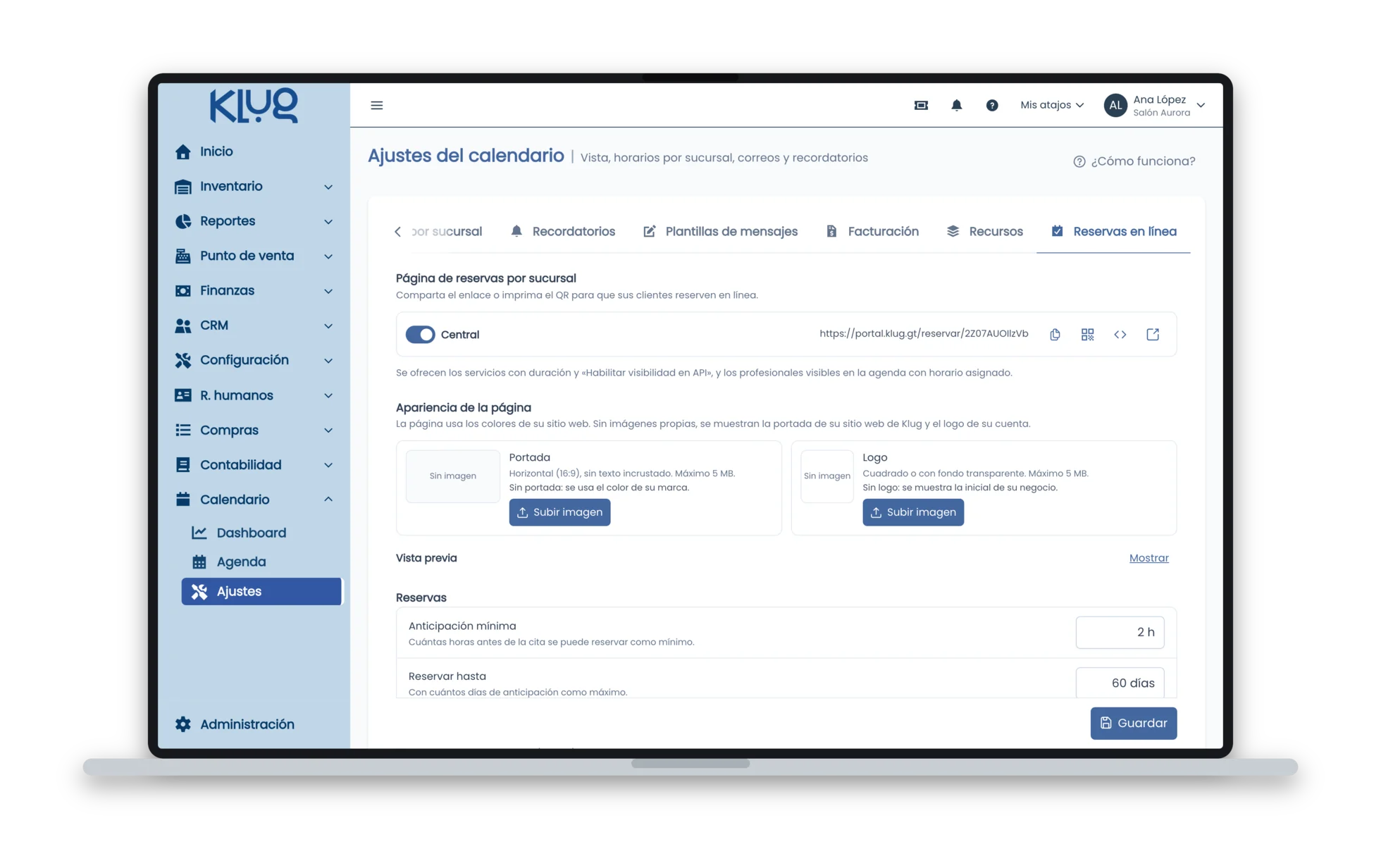 Reservas en línea: página de la sucursal Central encendida con su enlace portal.klug.gt/reservar, apariencia y reglas de reserva