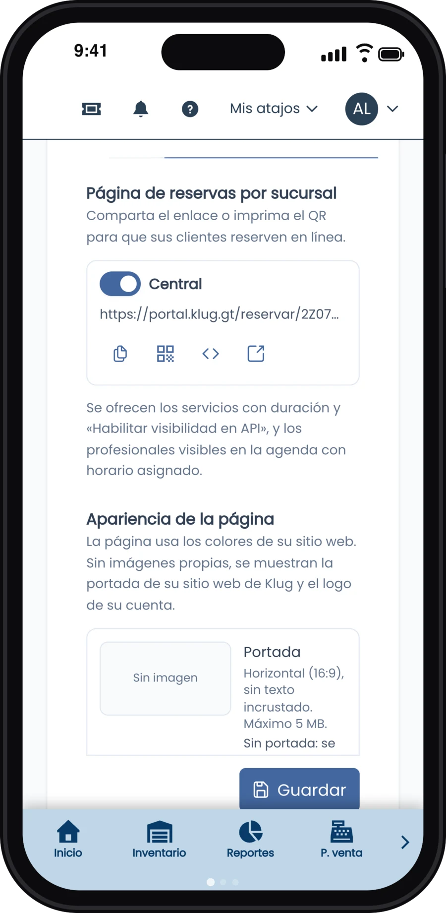 Reservas en línea: página de la sucursal Central encendida con su enlace portal.klug.gt/reservar, apariencia y reglas de reserva