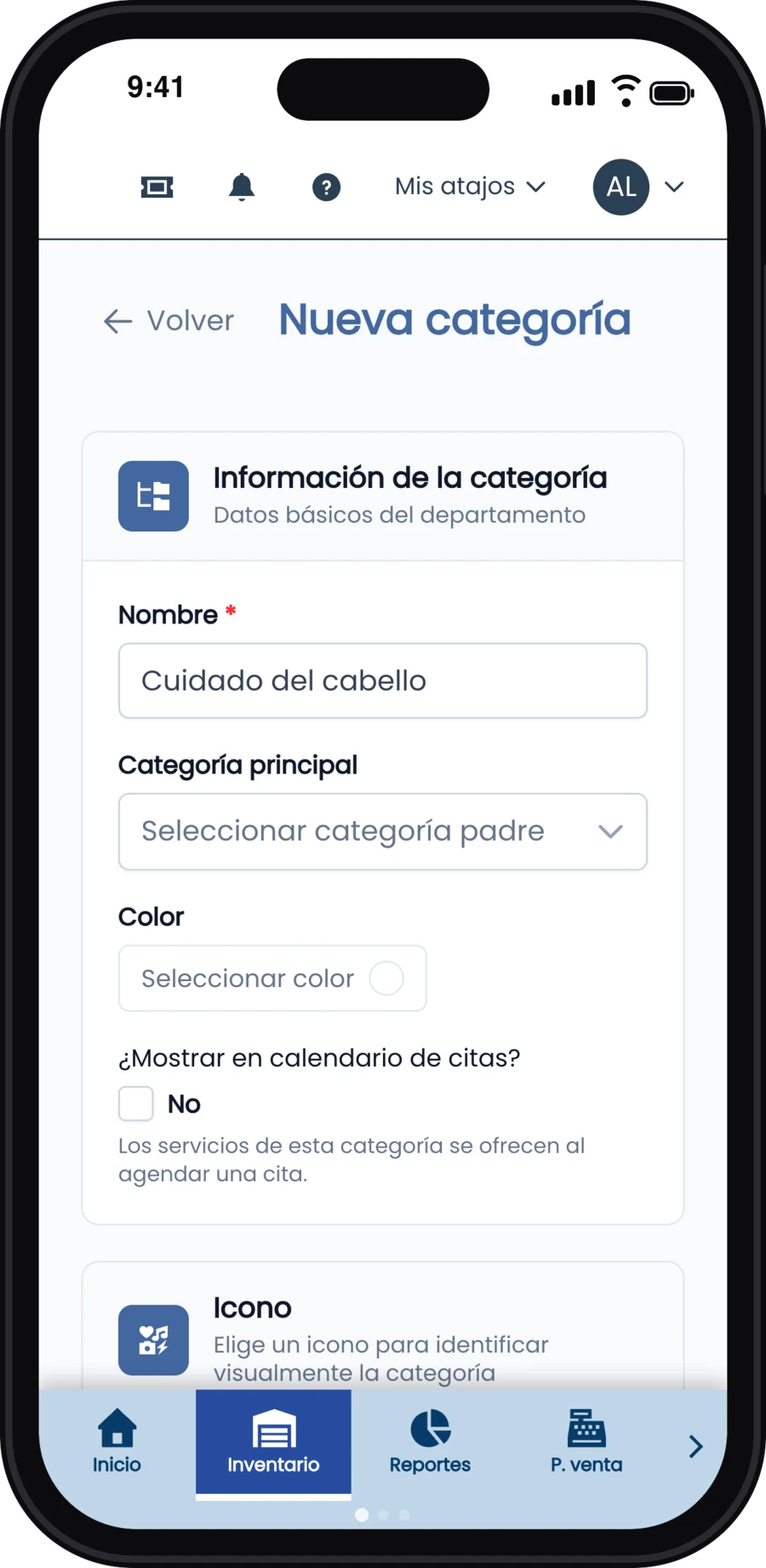 Formulario Nueva categoría con el nombre Cuidado del cabello