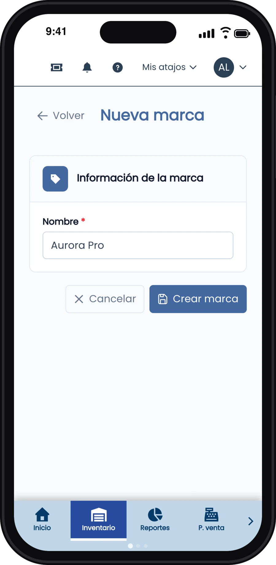 Formulario Nueva marca con el nombre Aurora Pro
