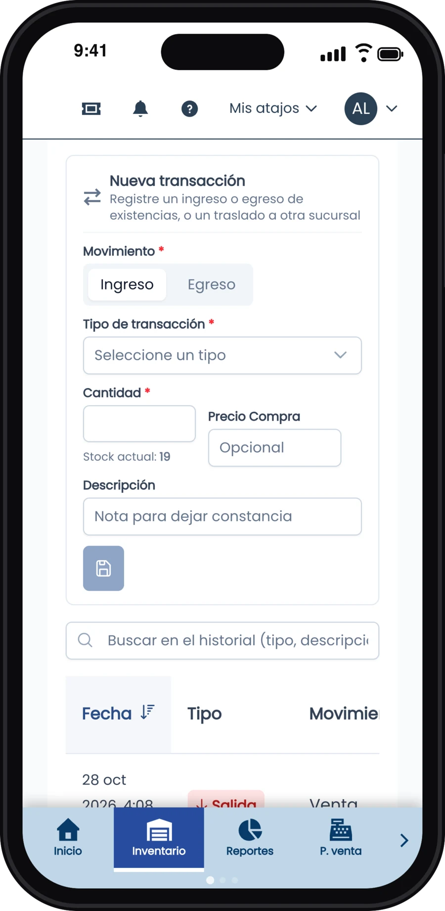 Pestaña Transacciones del producto con el formulario Nueva transacción y el historial de movimientos