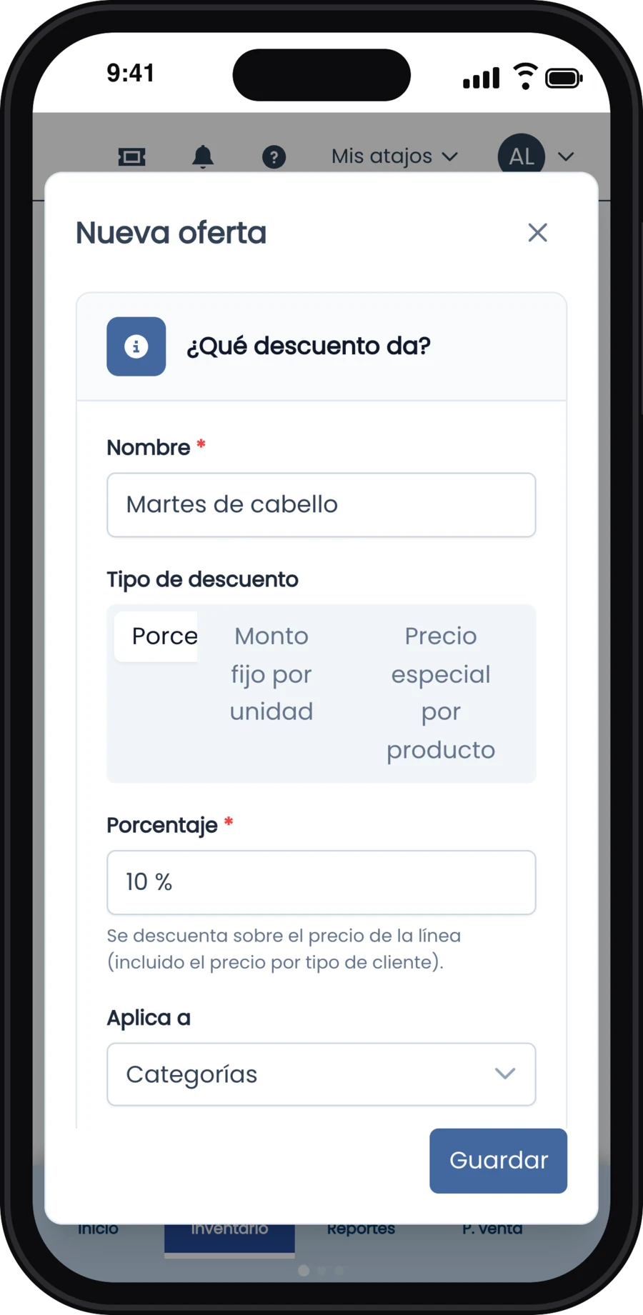 Nueva oferta en el celular con nombre, tipo de descuento y porcentaje
