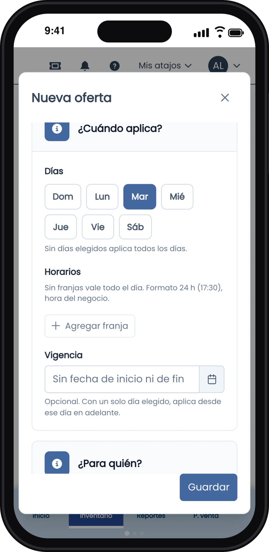 Días de la semana con el martes elegido