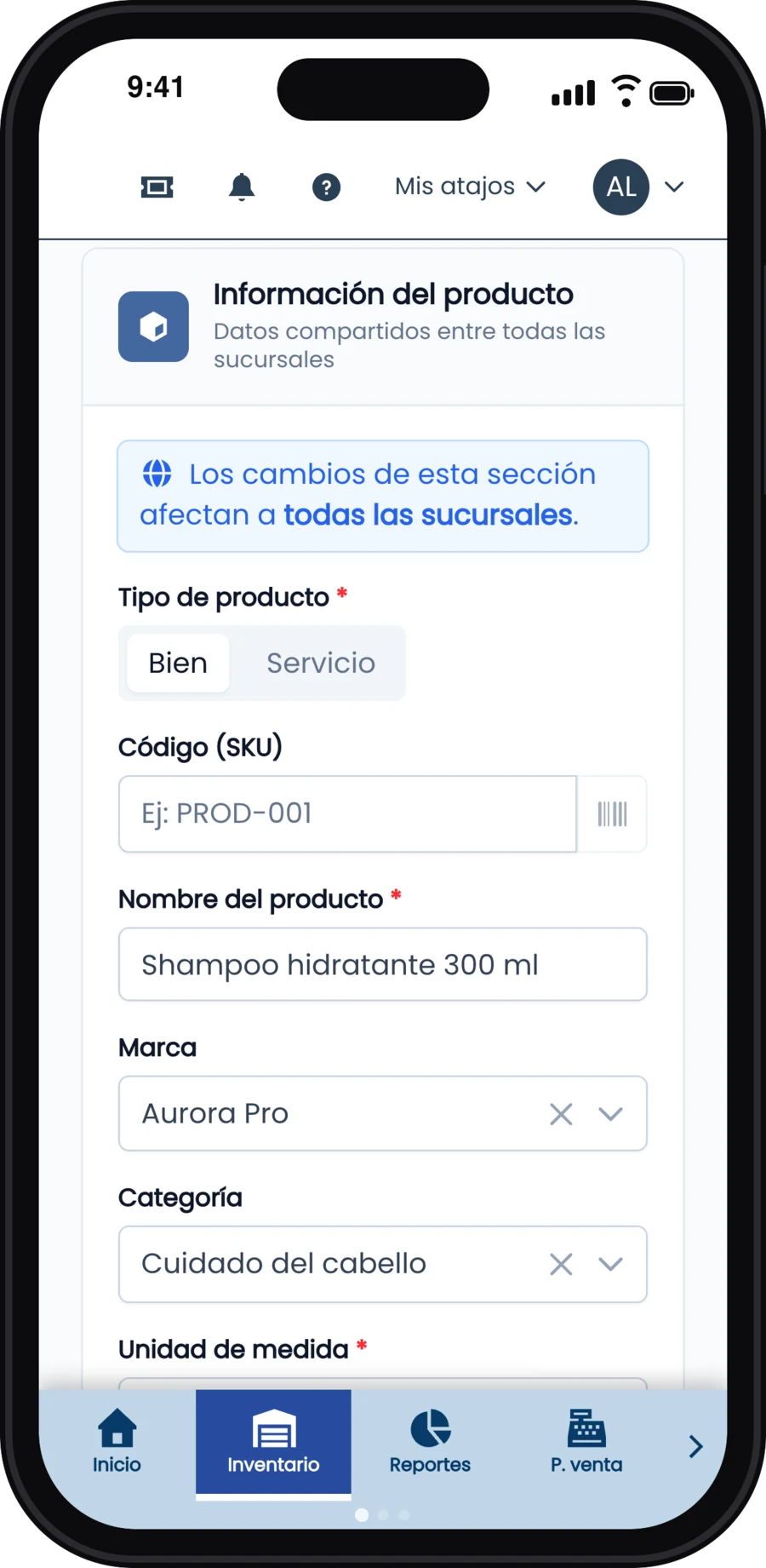 Información del producto: tipo, nombre, marca y categoría
