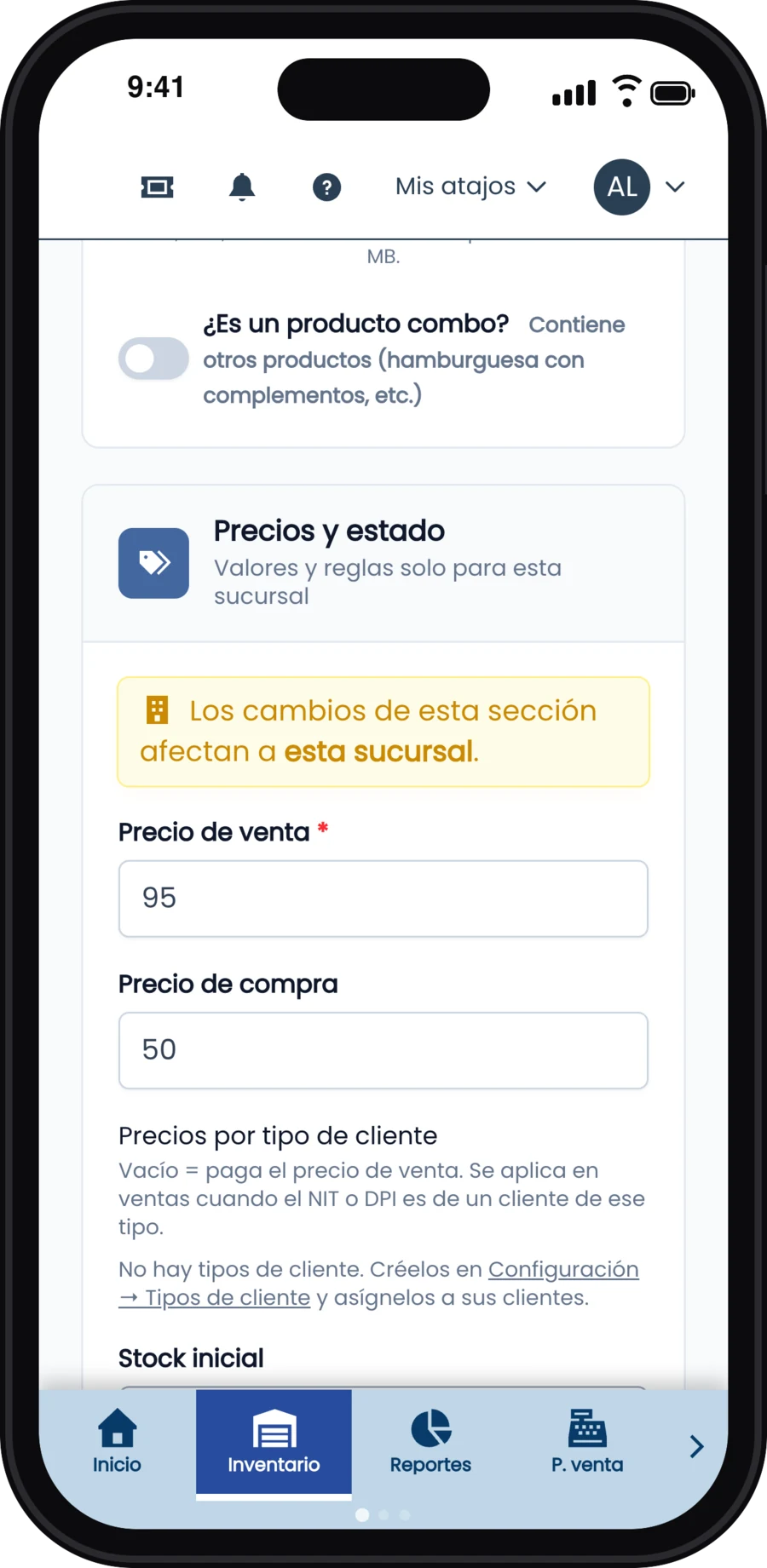 Precios y estado: precio de venta 95, precio de compra 50 y stock inicial