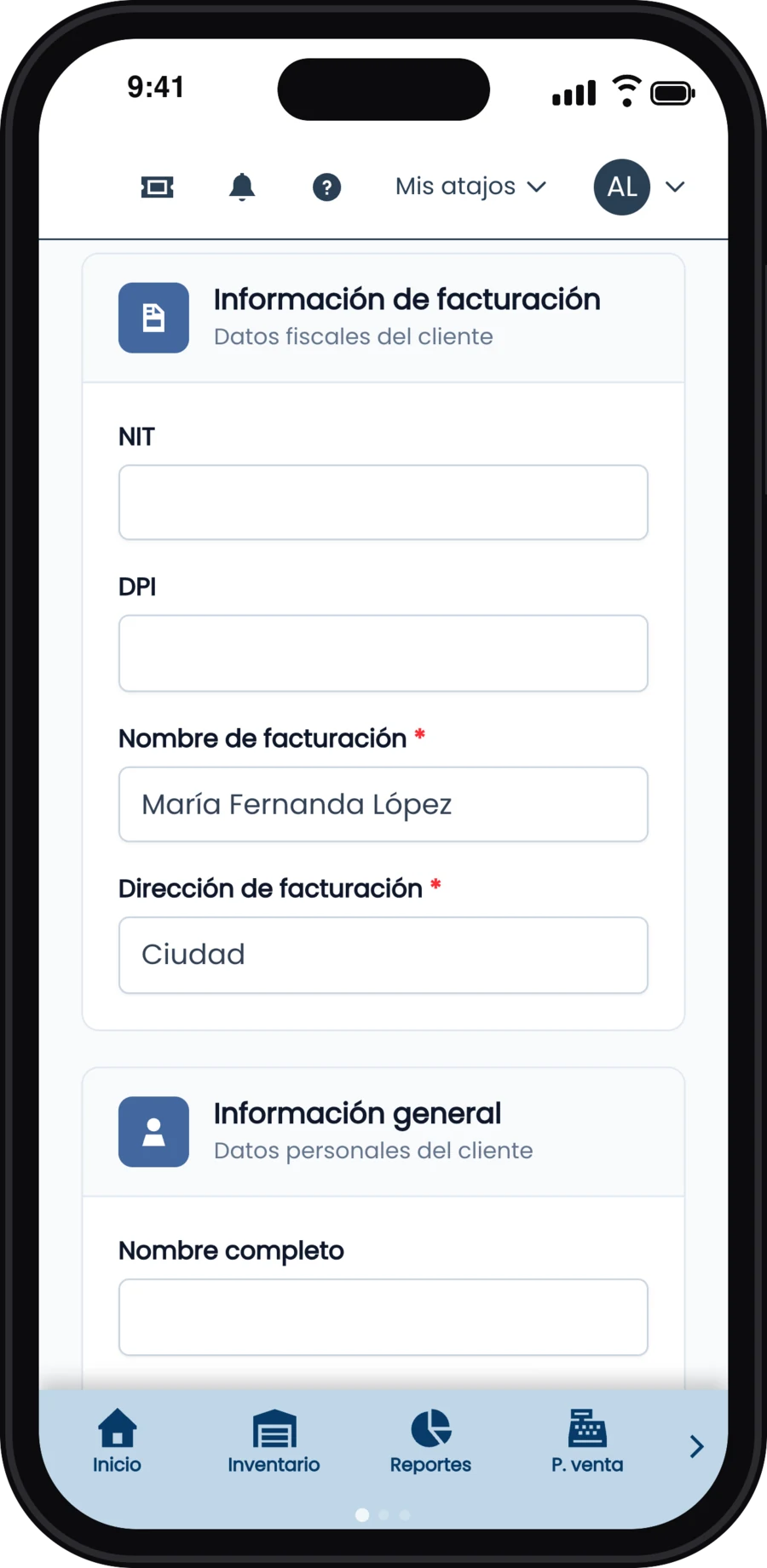 Formulario Nuevo cliente con nombre de facturación María Fernanda López, dirección y correo