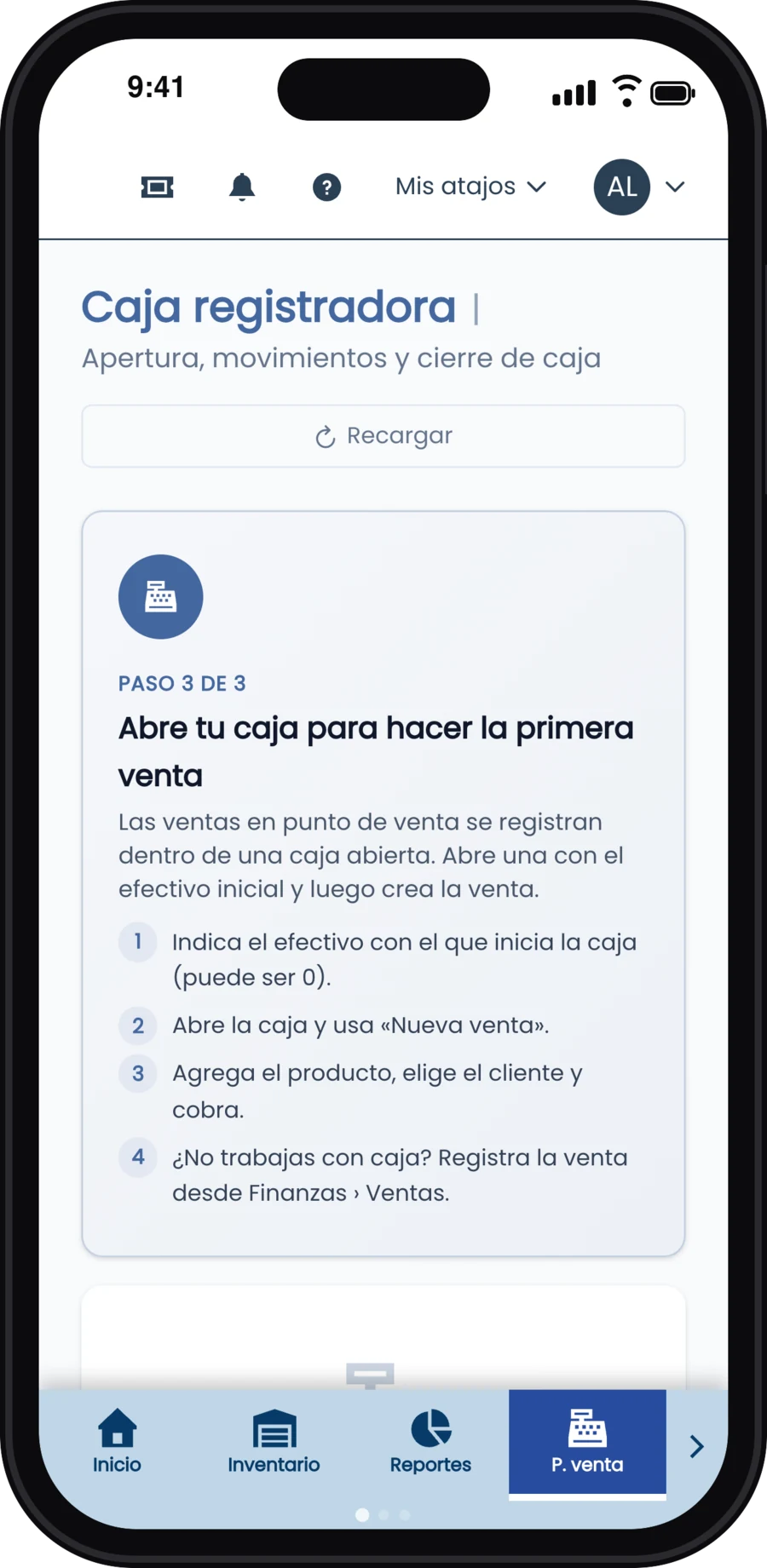 Caja registradora con el monto inicial de 500 y el botón Abrir caja