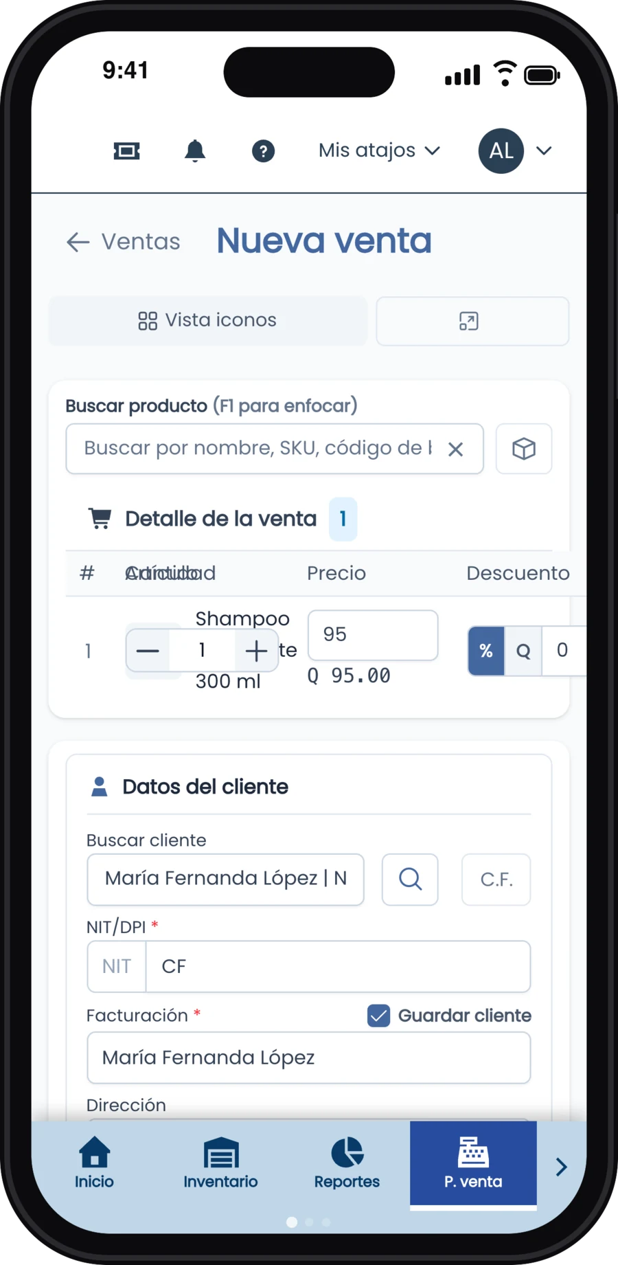 Nueva venta en el celular con el producto agregado
