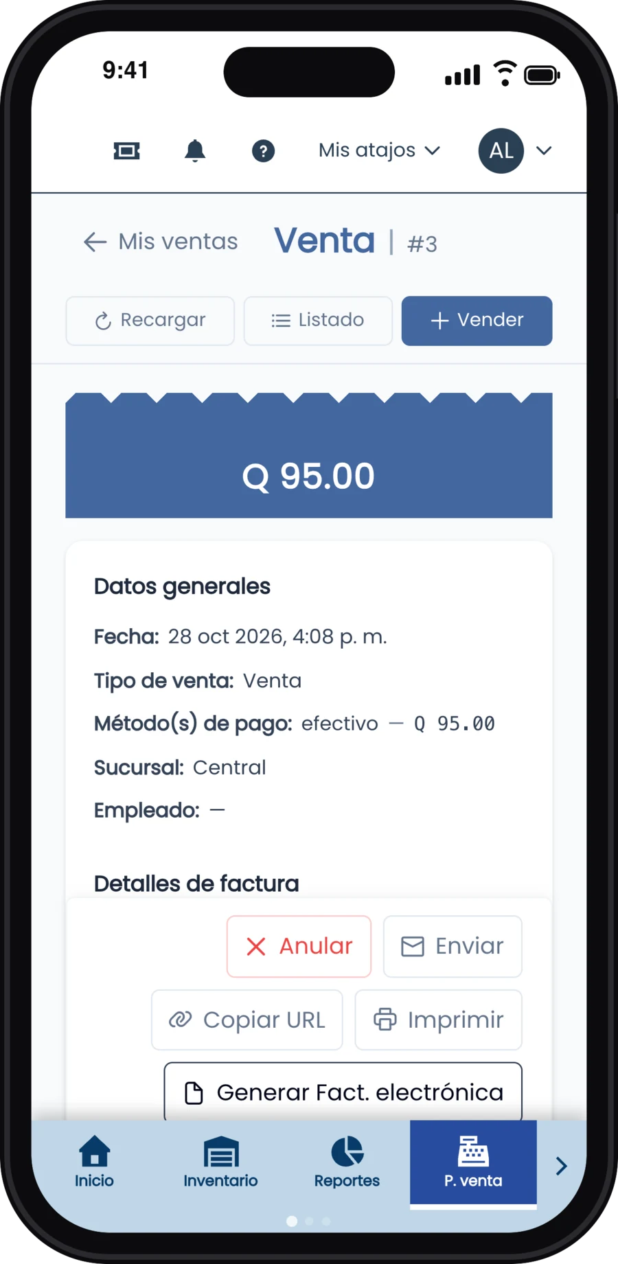 Venta número 3 por Q95 con los datos de la clienta y los botones Anular, Enviar, Copiar URL, Imprimir y Generar Fact. electrónica